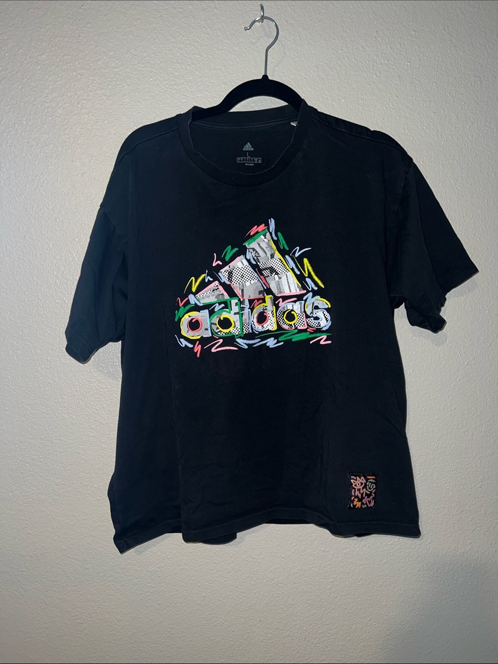 adidas Black Tee with Neon Multicolor Logo